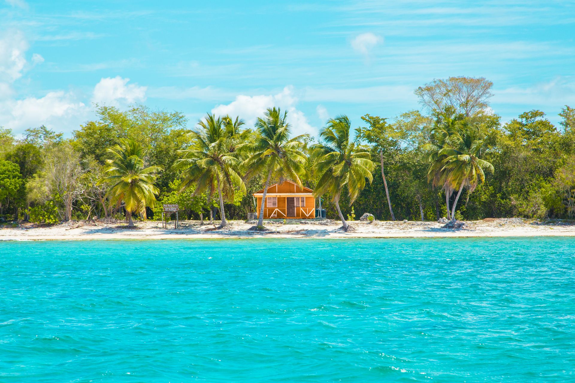 A tiny vacation house on a tropical beach, framed by palm trees, with turquoise water in front